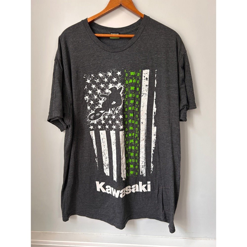Kawasaki Mens XL Graphic T-Shirt Charcoal Gray Motocross American Flag Racing